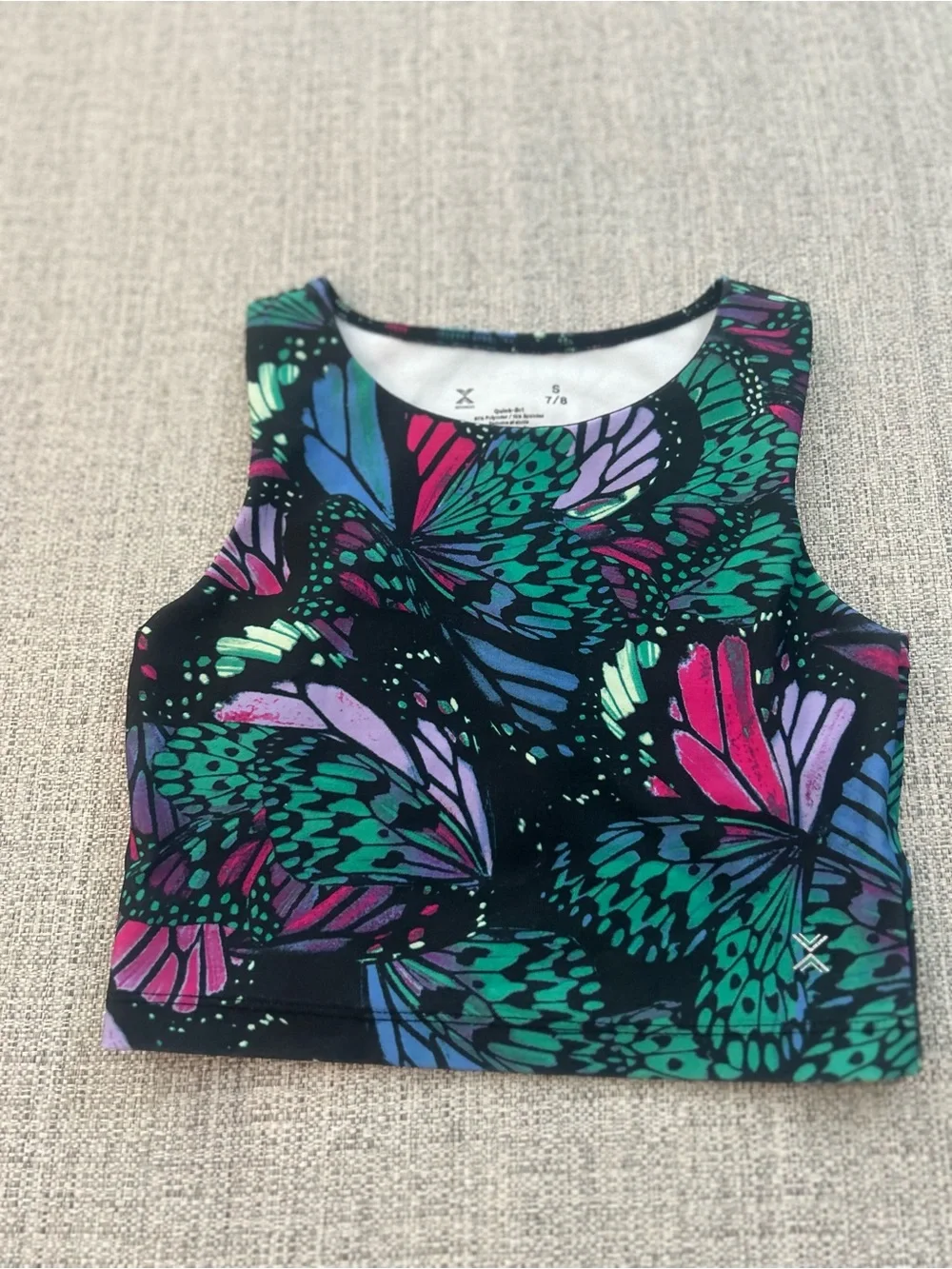 Xersion Black Active Crop Top & Pant Teal, Purple & Pink Butterfly Print. Size 6